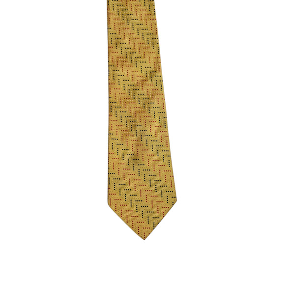 Jos. A. Bank Yellow Silk Tie Made in Italy Geometric Red Black Dot Pattern 3.75” - Picture 1 of 6
